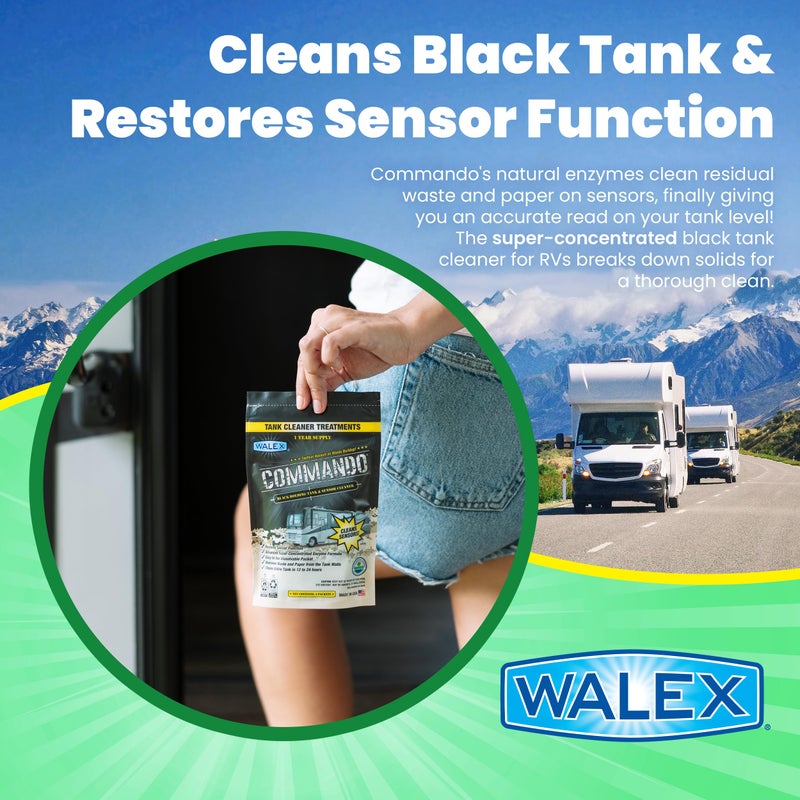 Walex Commando RV Black Holding Tank & Sensor Cleaner - Eliminates Waste & Paper Buildup, Restores Sensor Function, Lubricates Valves & Seals, Advanced Enzyme Formula; Dissolvable Packets, 40 Pack - Image 2