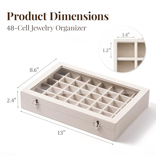 Josmimic 48 Grid Earring Organizer and Storage: Velvet Jewelry Tray with Lid, Jewelry Box for Studs, Earrings, Rings, Necklaces, Dresser & Vanity, Earrings Case for Girls, Women, 13"x8.6"x2.4", Beige - Image 3