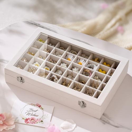 Josmimic 48 Grid Earring Organizer and Storage: Velvet Jewelry Tray with Lid, Jewelry Box for Studs, Earrings, Rings, Necklaces, Dresser & Vanity, Earrings Case for Girls, Women, 13"x8.6"x2.4", Beige - Image 2