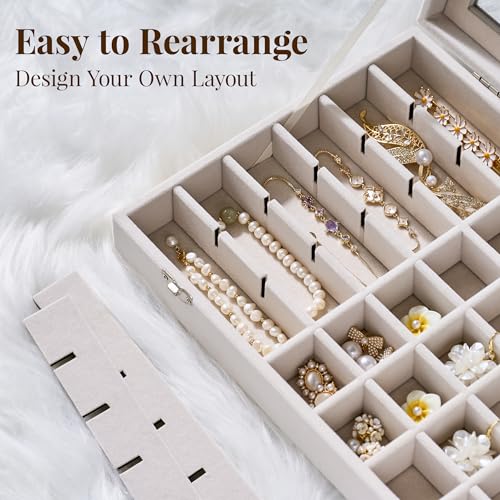 Josmimic 48 Grid Earring Organizer and Storage: Velvet Jewelry Tray with Lid, Jewelry Box for Studs, Earrings, Rings, Necklaces, Dresser & Vanity, Earrings Case for Girls, Women, 13"x8.6"x2.4", Beige - Image 5