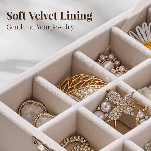 Josmimic 48 Grid Earring Organizer and Storage: Velvet Jewelry Tray with Lid, Jewelry Box for Studs, Earrings, Rings, Necklaces, Dresser & Vanity, Earrings Case for Girls, Women, 13"x8.6"x2.4", Beige - Image 4