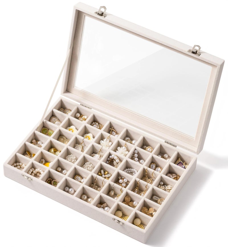 Josmimic 48 Grid Earring Organizer and Storage: Velvet Jewelry Tray with Lid, Jewelry Box for Studs, Earrings, Rings, Necklaces, Dresser & Vanity, Earrings Case for Girls, Women, 13"x8.6"x2.4", Beige - Image 1