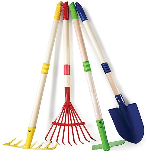 Play22 Kids Garden Tool Set Toy 4Piece Shovel Rake Hoe Leaf Rake Wooden Gardening Tools for Kids Best Outdoor Toys Gift for Boys and Girls - Image 1