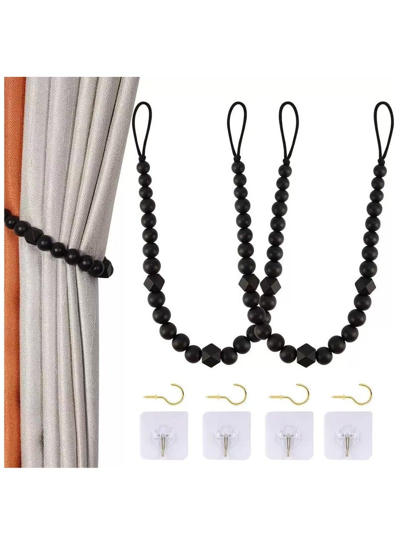 PYC Wood Bead Curtain Tiebacks, Set of 2 Curtain Holdbacks for Thin or Thick Window Draperies, Boho Farmhouse Curtain Tiebacks with Hooks, Curtain Tie Backs for Home Office Room Decor  - Image 1