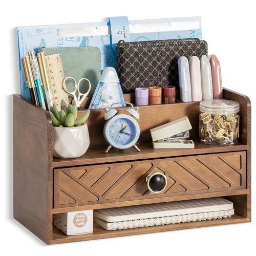 dreampossible Brown Wood Desk Organizer and Accessories with Drawer, Bill Mail Organizer and File Mail Holder for Office Supplies, Desk Accessories & Workspace Organizers - Image 1