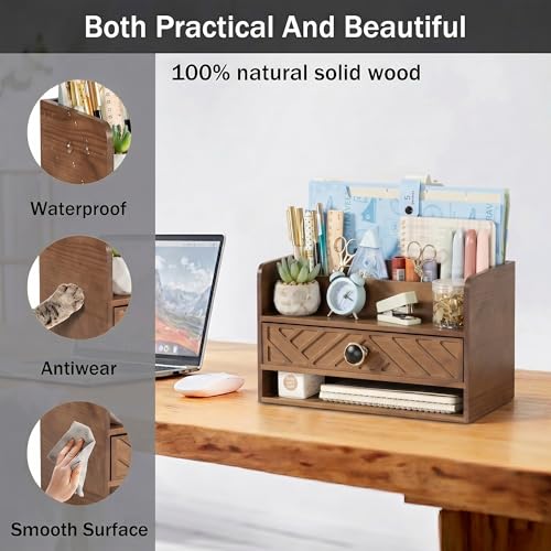 dreampossible Brown Wood Desk Organizer and Accessories with Drawer, Bill Mail Organizer and File Mail Holder for Office Supplies, Desk Accessories & Workspace Organizers - Image 2