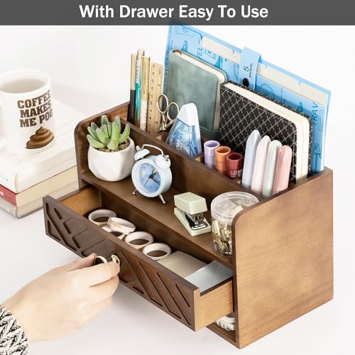 dreampossible Brown Wood Desk Organizer and Accessories with Drawer, Bill Mail Organizer and File Mail Holder for Office Supplies, Desk Accessories & Workspace Organizers - Image 3