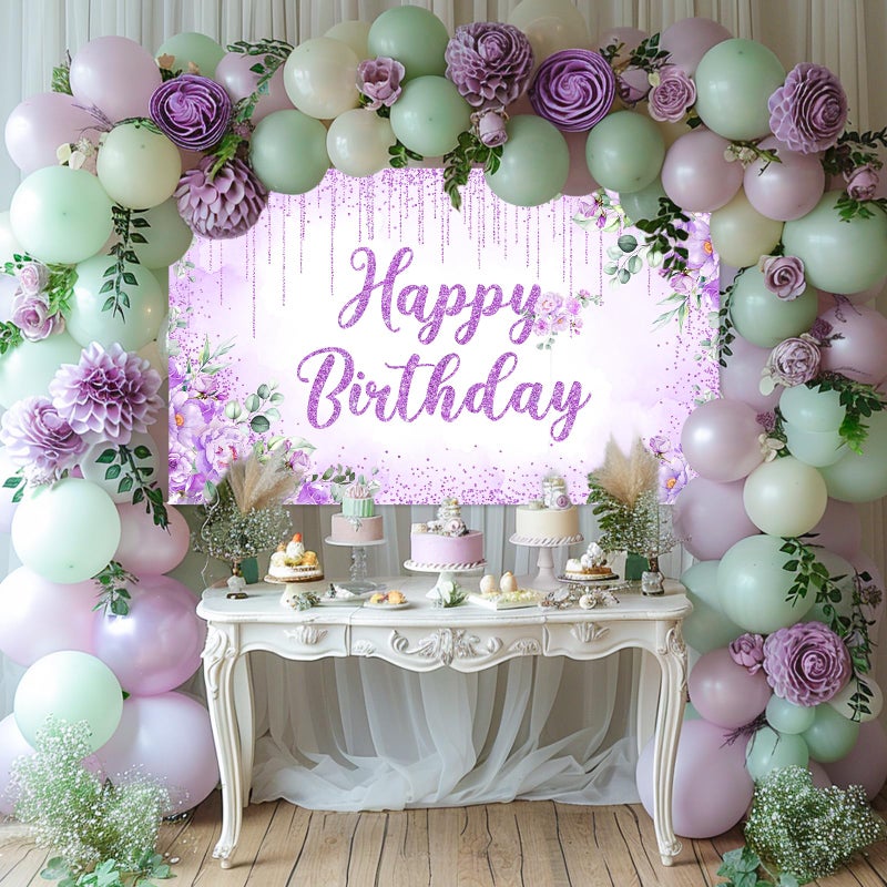 Avezano Happy Birthday Backdrop Banner for Girls Women Happy Birthday Party Decorations Floral Glitters Bday Banner Party Supplies (Purple, 6x3.6ft) - Image 2