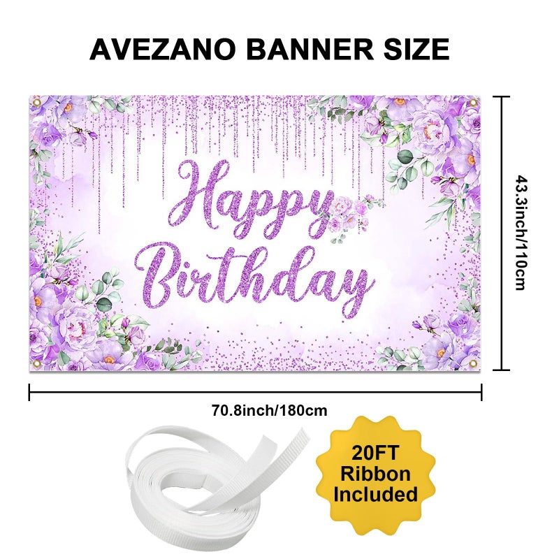 Avezano Happy Birthday Backdrop Banner for Girls Women Happy Birthday Party Decorations Floral Glitters Bday Banner Party Supplies (Purple, 6x3.6ft) - Image 4