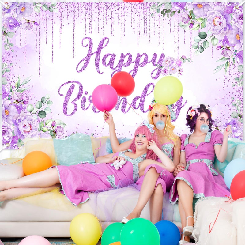Avezano Happy Birthday Backdrop Banner for Girls Women Happy Birthday Party Decorations Floral Glitters Bday Banner Party Supplies (Purple, 6x3.6ft) - Image 3