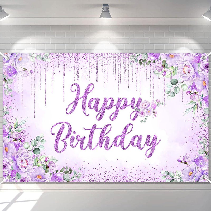 Avezano Happy Birthday Backdrop Banner for Girls Women Happy Birthday Party Decorations Floral Glitters Bday Banner Party Supplies (Purple, 6x3.6ft) - Image 1