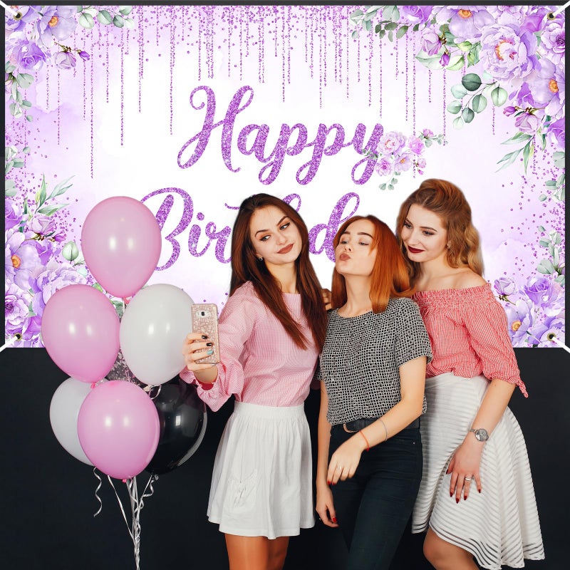 Avezano Happy Birthday Backdrop Banner for Girls Women Happy Birthday Party Decorations Floral Glitters Bday Banner Party Supplies (Purple, 6x3.6ft) - Image 5