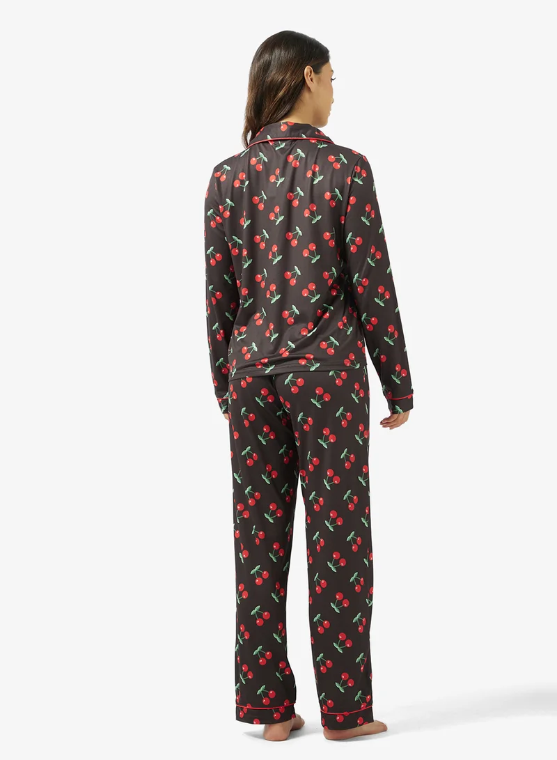 جينجر Cherry Print Button Up Shirt & Pyjama Coord Set