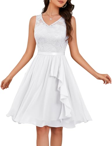 Meetjen Prom Dress Short Chiffon Wedding Guest Dresses for Women Sleeveless V Neck Lace Ruffle Cocktail Party White S - Image 1