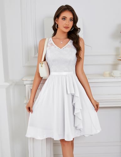 Meetjen Prom Dress Short Chiffon Wedding Guest Dresses for Women Sleeveless V Neck Lace Ruffle Cocktail Party White S - Image 5