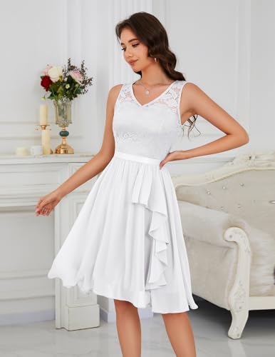 Meetjen Prom Dress Short Chiffon Wedding Guest Dresses for Women Sleeveless V Neck Lace Ruffle Cocktail Party White S - Image 3