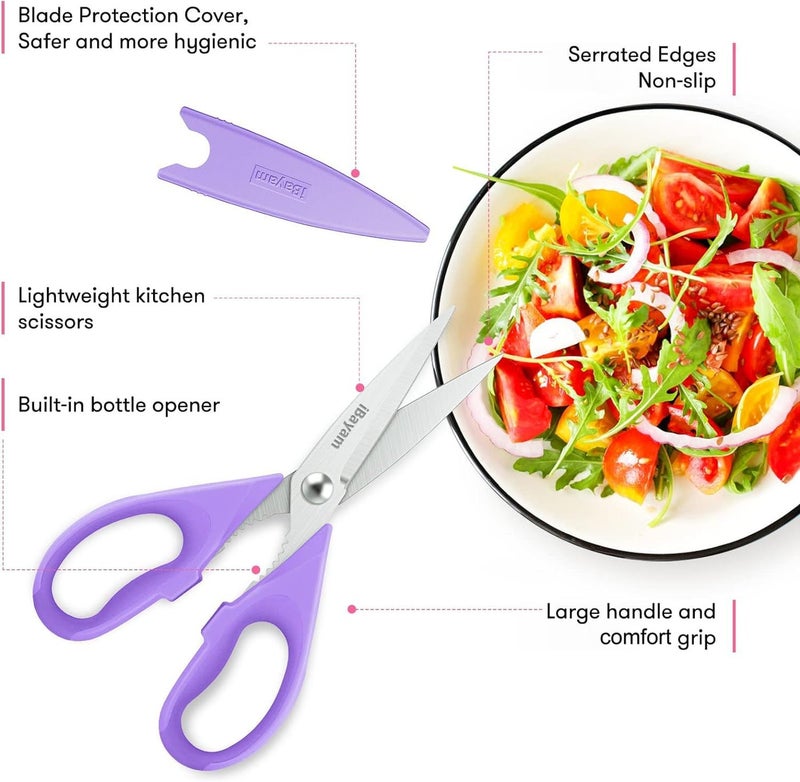iBayam Kitchen Scissors, Purple Kitchen Utensils Accessories, All Purpose Heavy Duty Meat Scissors, Poultry Shears, Dishwasher Safe, Stainless Steel, 2-Pack, Pastel Pink, Soft Purple - Image 4