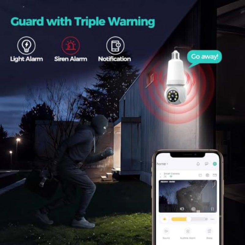 كاميرا أمان داخلية وخارجية على شكل لمبة إضاءة، بلاستيك ABS، أبيض، 360 درجة مع رؤية ليلية ملونة، واي فاي مزدوج النطاق 2.4 جيجا هرتز/5 جيجا هرتز، كشف الحركة، إنذار صفارات الإنذار، وصوت ثنائي الاتجاه - Image 2