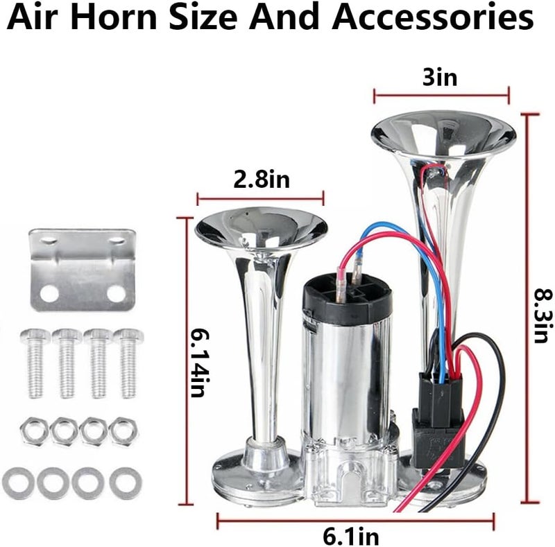 Onimento 12V 600DB Super Loud Dual Electric Air Horns Kit with Compressor Applicablefor Any 12V Vehicles SUV Truck Car Airhorns Horn Loud Motorcycle Trucks Boats Trains Speaker (Silvery) Spec upgraded improved quality - Image 2