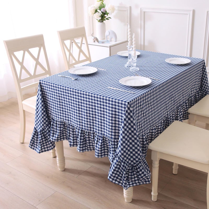 K MASANIJI Navy Blue White Plaid Ruffled Table Cloth Rectangular, 100% Washed Cotton Buffet Cottage Coquette Checker Gingham Vintage Decorative Tablecloth - 120"x60" - Image 1