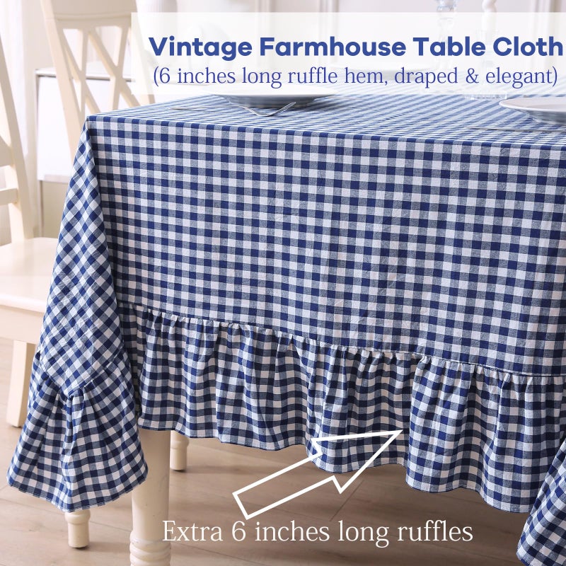 K MASANIJI Navy Blue White Plaid Ruffled Table Cloth Rectangular, 100% Washed Cotton Buffet Cottage Coquette Checker Gingham Vintage Decorative Tablecloth - 120"x60" - Image 5