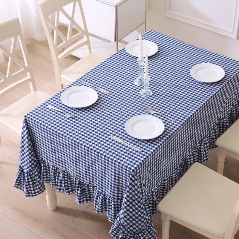 K MASANIJI Navy Blue White Plaid Ruffled Table Cloth Rectangular, 100% Washed Cotton Buffet Cottage Coquette Checker Gingham Vintage Decorative Tablecloth - 120"x60" - Image 4