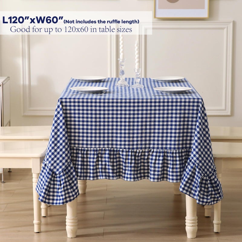 K MASANIJI Navy Blue White Plaid Ruffled Table Cloth Rectangular, 100% Washed Cotton Buffet Cottage Coquette Checker Gingham Vintage Decorative Tablecloth - 120"x60" - Image 3