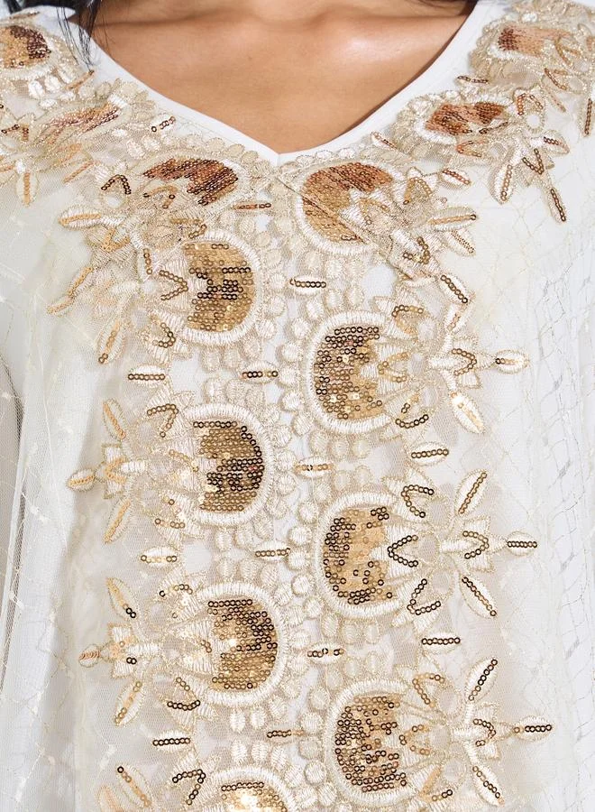 Styli Beige Cream Sequined Mesh Insert Jalabiya for Women | Best Price UAE
