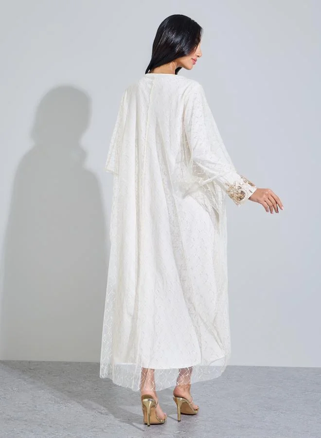 Styli Beige Cream Sequined Mesh Insert Jalabiya for Women | Best Price UAE