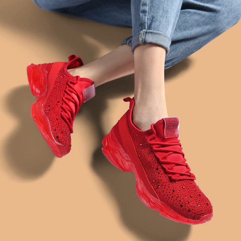 BELOS Women's Fashion Rhinestone Mesh Knit Slip On Sneaker Breathable Glitter Walking Shoes(Red,10) - Image 2