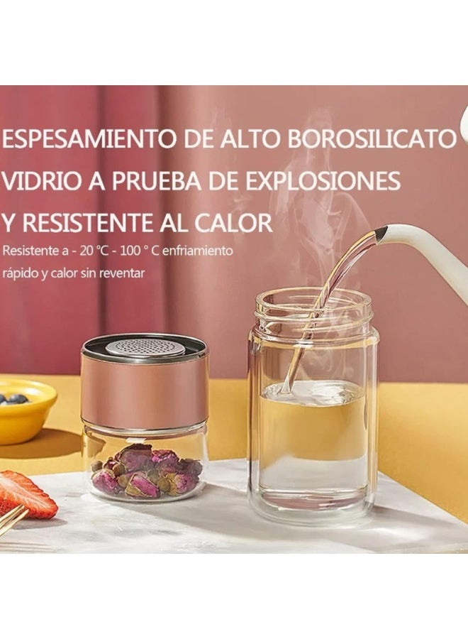 Tea filter pot, 350ml double-layer stainless steel leak proof glass pot, travel layered teapot cup, multifunctional beverage cup, suitable for office, travel, and home (rose gold) - Image 3