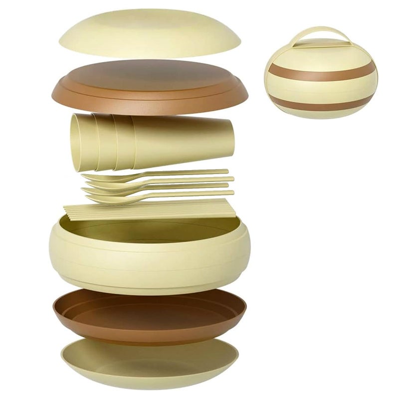 shopwithgreen Camping Dishes Picnic Set, Camping Plates Cups and Bowls Set with Chopsticks and Spoons, BPA Free, 17PCS Portable Plastic Reusable Cutlery Set for 4, Portable Small Size, Not Microwave/Dishwasher Safe - Image 1