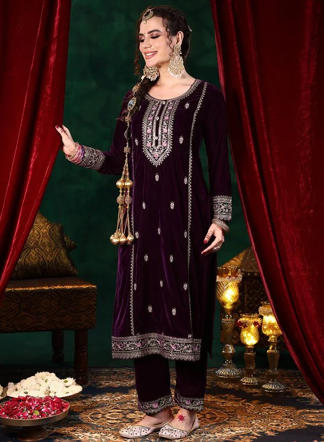 لباس Burgundy Embroidered Velvet Straight Kurta, Trousers And Dupatta Set