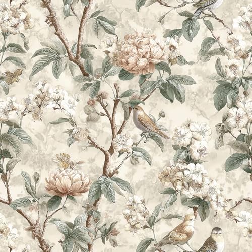 Nukofal Vintage Floral Peel and Stick Wallpaper Floral Bird Contact Paper 16.9inchx118.1inch Boho Bird Wallpaper Peel and Stick Self Adhesive Removable Wall Paper Waterproof for Bedroom Cabinet Decor - Image 1