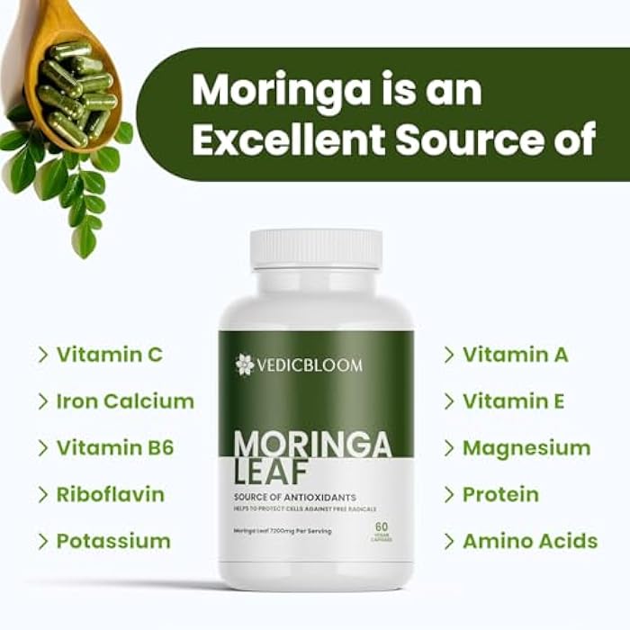 Organic Moringa Oleifera 60 Capsules USDA Certified Moringa Leaf Powder 7200mg Supplement for Energy Support, Immune & Digestive Health, Joint Comfort Vegan Gluten Free (Pack of 1) - Image 2