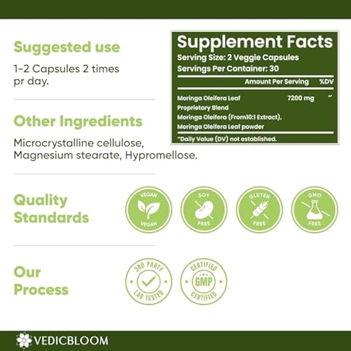 Organic Moringa Oleifera 60 Capsules USDA Certified Moringa Leaf Powder 7200mg Supplement for Energy Support, Immune & Digestive Health, Joint Comfort Vegan Gluten Free (Pack of 1) - Image 3
