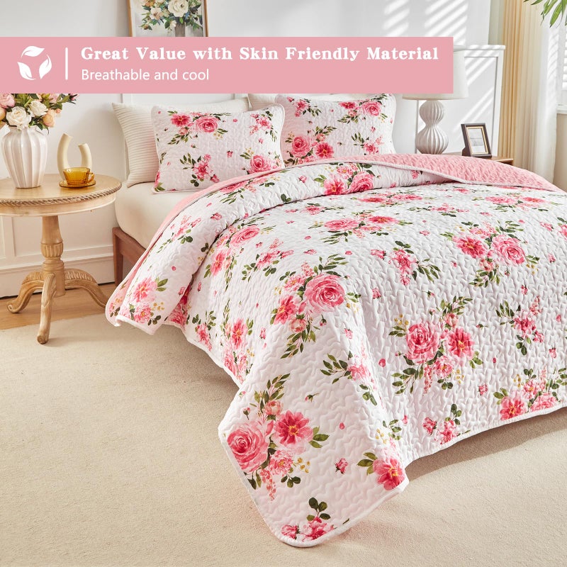 UOZZI BEDDING Floral Quilt Set 3 Pieces Queen Size White Pink Flower Soft Microfiber Lightweight Summer Reversible Coverlet Bedspread for All Season -1 Quilt 88 * 88 + 2 Pillow Shams - Image 4