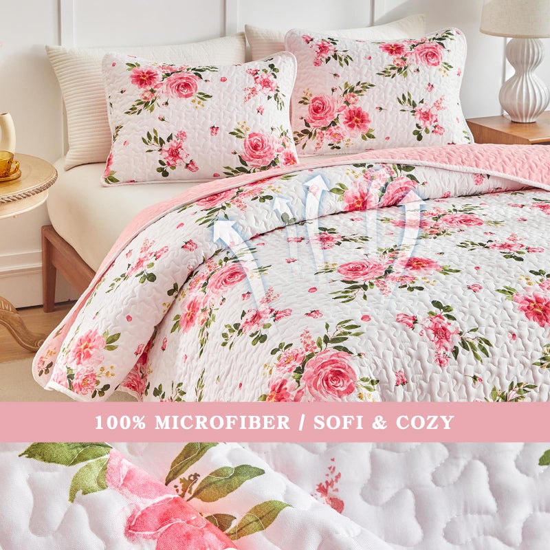 UOZZI BEDDING Floral Quilt Set 3 Pieces Queen Size White Pink Flower Soft Microfiber Lightweight Summer Reversible Coverlet Bedspread for All Season -1 Quilt 88 * 88 + 2 Pillow Shams - Image 5