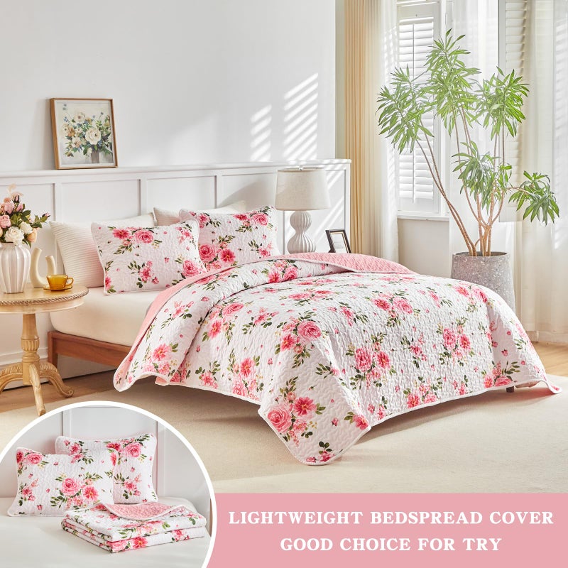 UOZZI BEDDING Floral Quilt Set 3 Pieces Queen Size White Pink Flower Soft Microfiber Lightweight Summer Reversible Coverlet Bedspread for All Season -1 Quilt 88 * 88 + 2 Pillow Shams - Image 3