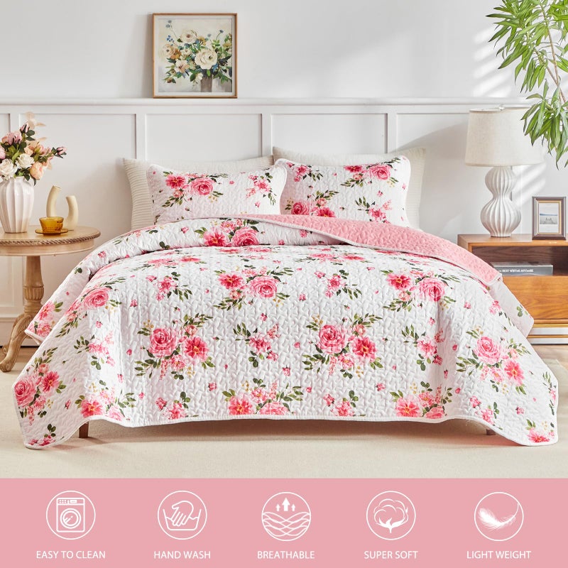 UOZZI BEDDING Floral Quilt Set 3 Pieces Queen Size White Pink Flower Soft Microfiber Lightweight Summer Reversible Coverlet Bedspread for All Season -1 Quilt 88 * 88 + 2 Pillow Shams - Image 2