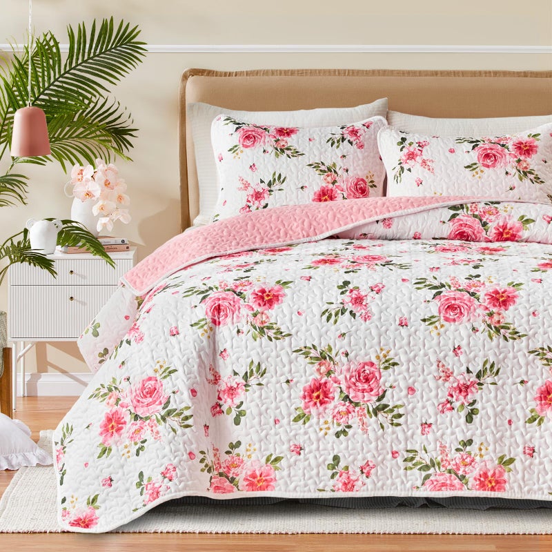 UOZZI BEDDING Floral Quilt Set 3 Pieces Queen Size White Pink Flower Soft Microfiber Lightweight Summer Reversible Coverlet Bedspread for All Season -1 Quilt 88 * 88 + 2 Pillow Shams - Image 1