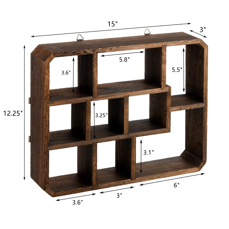 Frcctre Rustic Shadow Box Display Shelf, 9 Compartments Wood Hanging Display Floating Shelves, Multi-Slot Wall Mounted or Freestanding Farmhouse Decor Displays Case - Image 2
