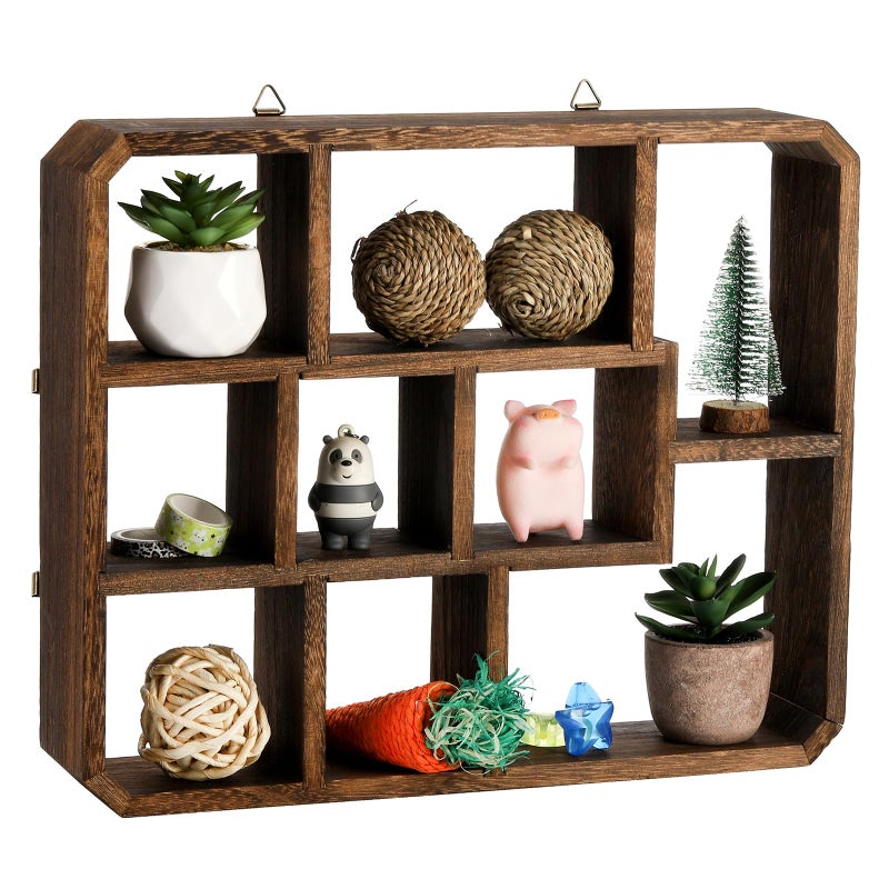 Frcctre Rustic Shadow Box Display Shelf, 9 Compartments Wood Hanging Display Floating Shelves, Multi-Slot Wall Mounted or Freestanding Farmhouse Decor Displays Case - Image 1
