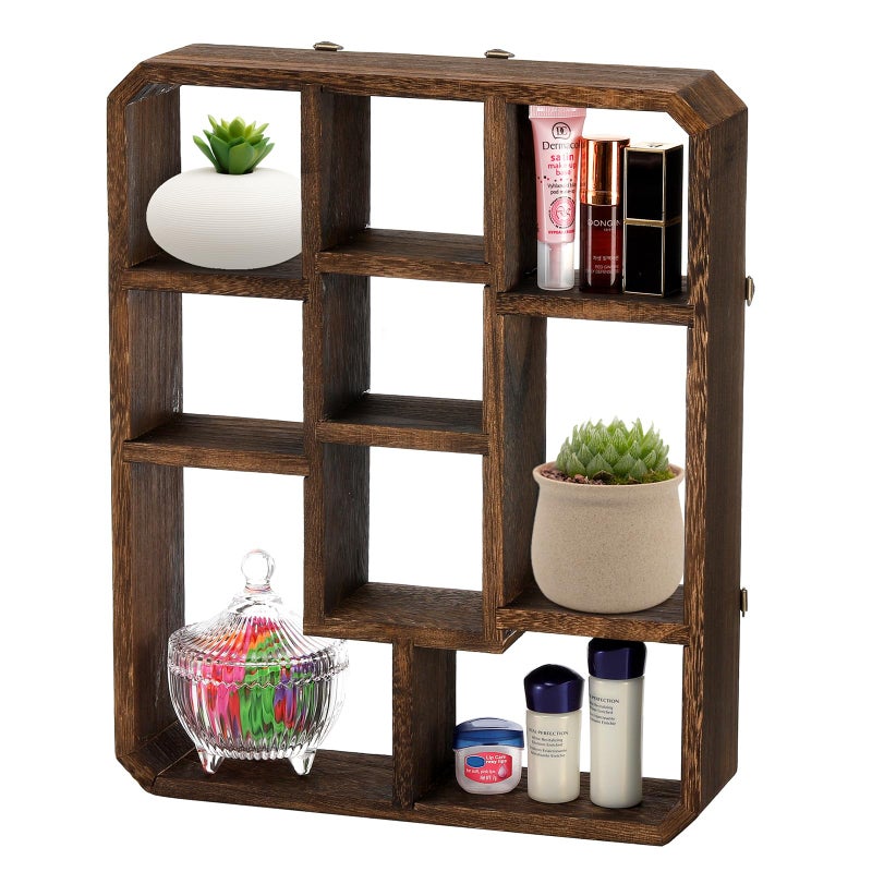 Frcctre Rustic Shadow Box Display Shelf, 9 Compartments Wood Hanging Display Floating Shelves, Multi-Slot Wall Mounted or Freestanding Farmhouse Decor Displays Case - Image 3