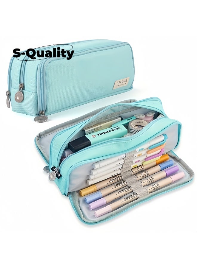 S-Quality Large Capacity Pencil Case with 3 Compartments, School Stationery Organizer Bag for Students, Teenagers, Boys & Girls – Blue - Image 1