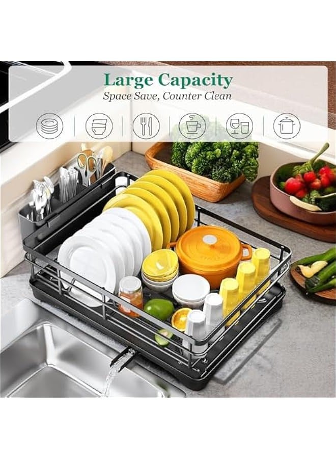 بيوينتي بيلفري حامل تجفيف الاطباق مع نظام تصريف قابل للدوران، حامل اواني بسعة كبيرة، طلاء مطلي بطبقة مقاومة للخدش لمنضدة المطبخ، اسود، معدن - Image 2