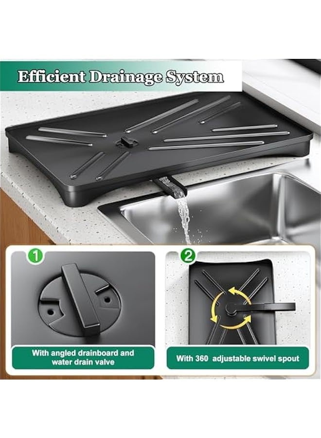بيوينتي بيلفري حامل تجفيف الاطباق مع نظام تصريف قابل للدوران، حامل اواني بسعة كبيرة، طلاء مطلي بطبقة مقاومة للخدش لمنضدة المطبخ، اسود، معدن - Image 3