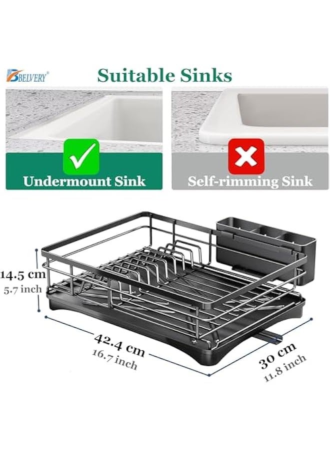 بيوينتي بيلفري حامل تجفيف الاطباق مع نظام تصريف قابل للدوران، حامل اواني بسعة كبيرة، طلاء مطلي بطبقة مقاومة للخدش لمنضدة المطبخ، اسود، معدن - Image 4