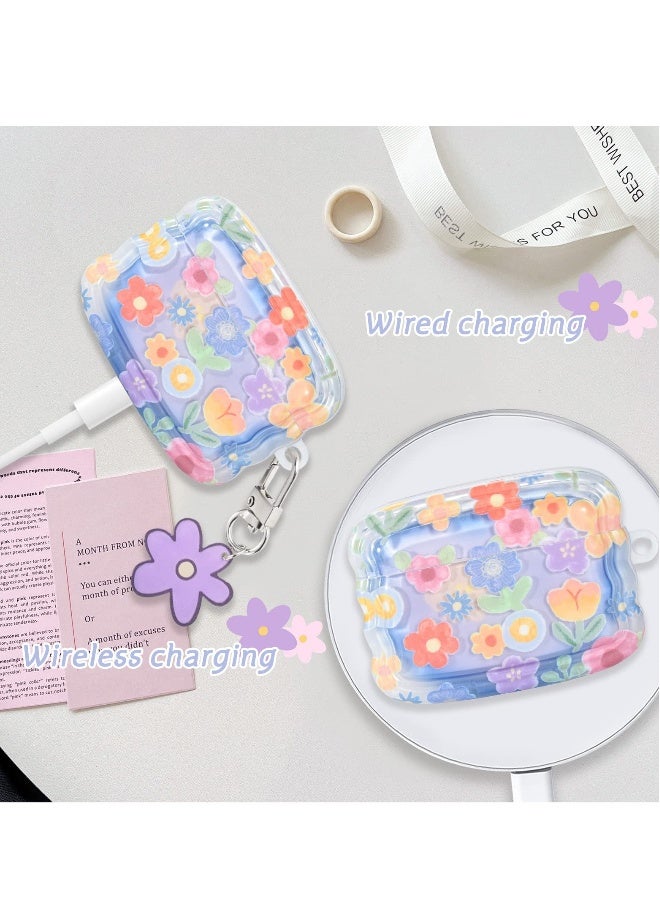 Cute Flower Pattern for AirPods Pro 2 Case Cover for Girls and Women, Wave Frame Soft TPU Shockproof Full Protection with Keychain, Compatible with AirPods Pro 2nd Generation, Stylish and Durable  - Image 5