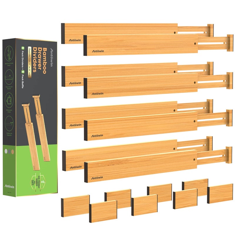 ANTOWIN Bamboo Drawer Dividers Organizers 16pcs Expandable Drawer Separators Splitter 1722 inches Long Adjustable Springloaded Organizer for Large Utensil Clothes Tools Drawers 88